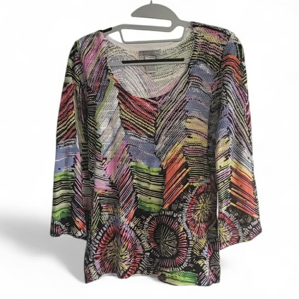 Alberto Makali Blouse Size M Women Shirt Vintage Distressed Colorful Boho Artsy